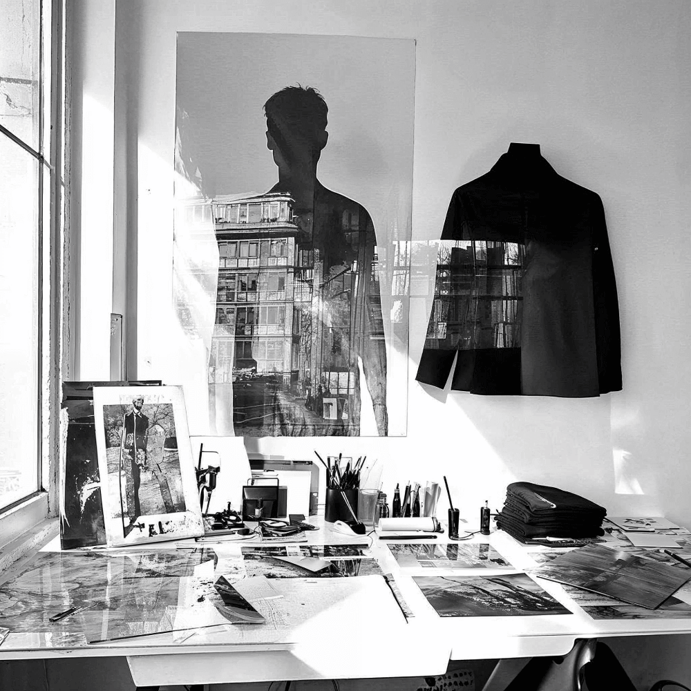 Black and white workspace photo featuring tools, sketches, and fashion pieces, promoting the Dresscussion online class for independent fashion designers