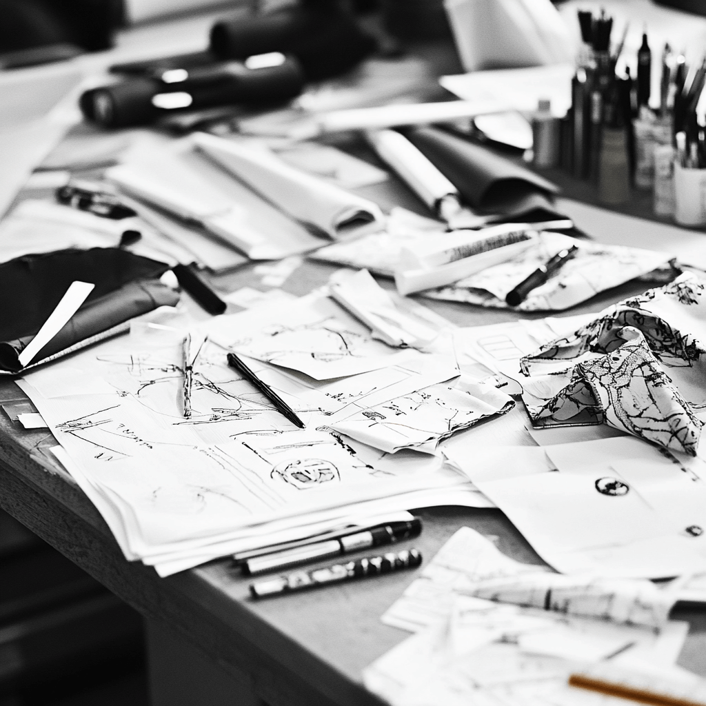 Class info section for Dresscussion course with a black-and-white image of a designer’s workspace filled with sketches, fabrics, and tools