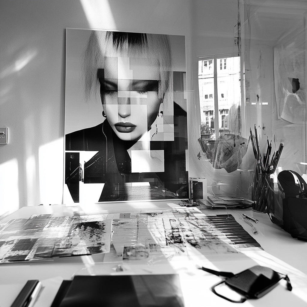 AQ section for the Dresscussion course with a black-and-white collage-style image showcasing a creative workspace and abstract art