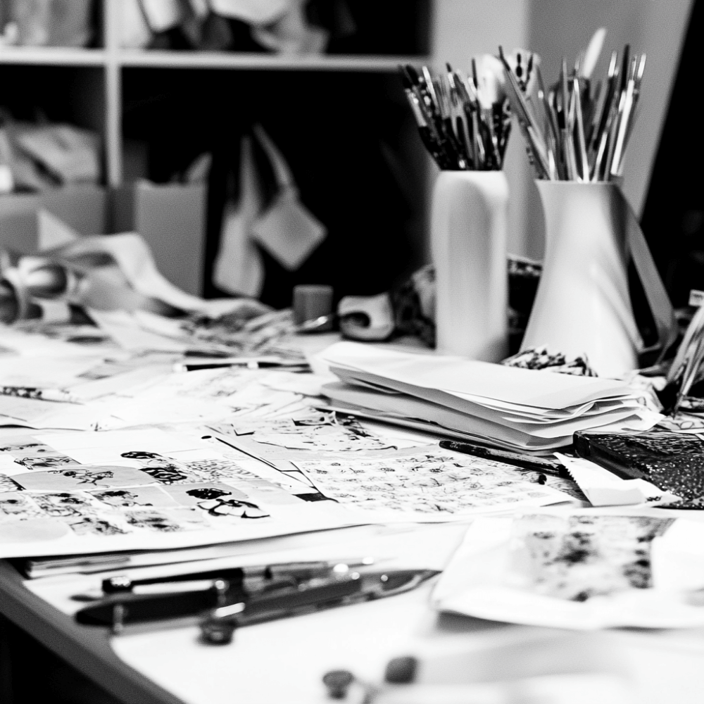 Lesson plan overview for Dresscussion course, featuring detailed session topics and a creative workspace with sketches, pens, and brushes in the background